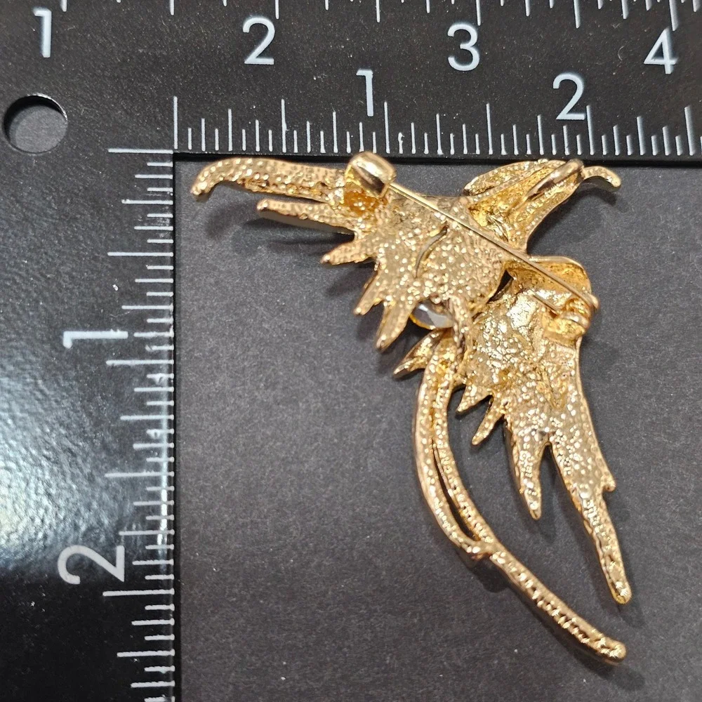 Enamel Rhinestone Bird Brooch Set Grern Orange Gold Phoenix Crane  Statement